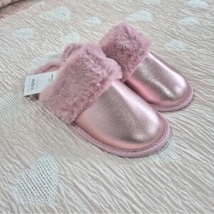 Auden Womens Metallic‎ Faux Leather Slippers Rose Gold Faux Fur Trim Size S 5-6